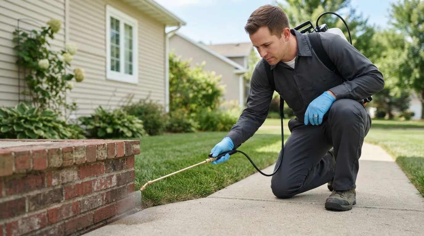 Pest control technician treating a home near Somersville, CT